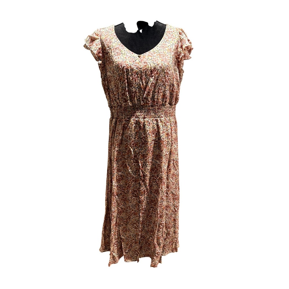 Indigo Rose Floral Midi Dress XL Pink Brown Flutter Sleeve Smocked Waist V-Neck